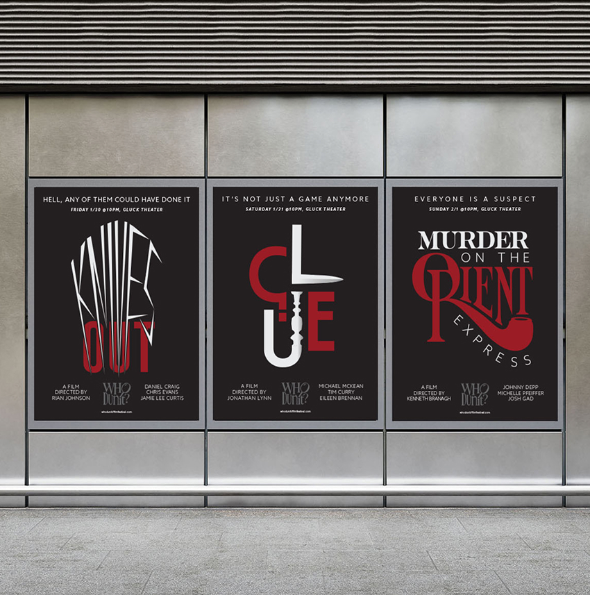 Three film festival posters on display on the side of a building