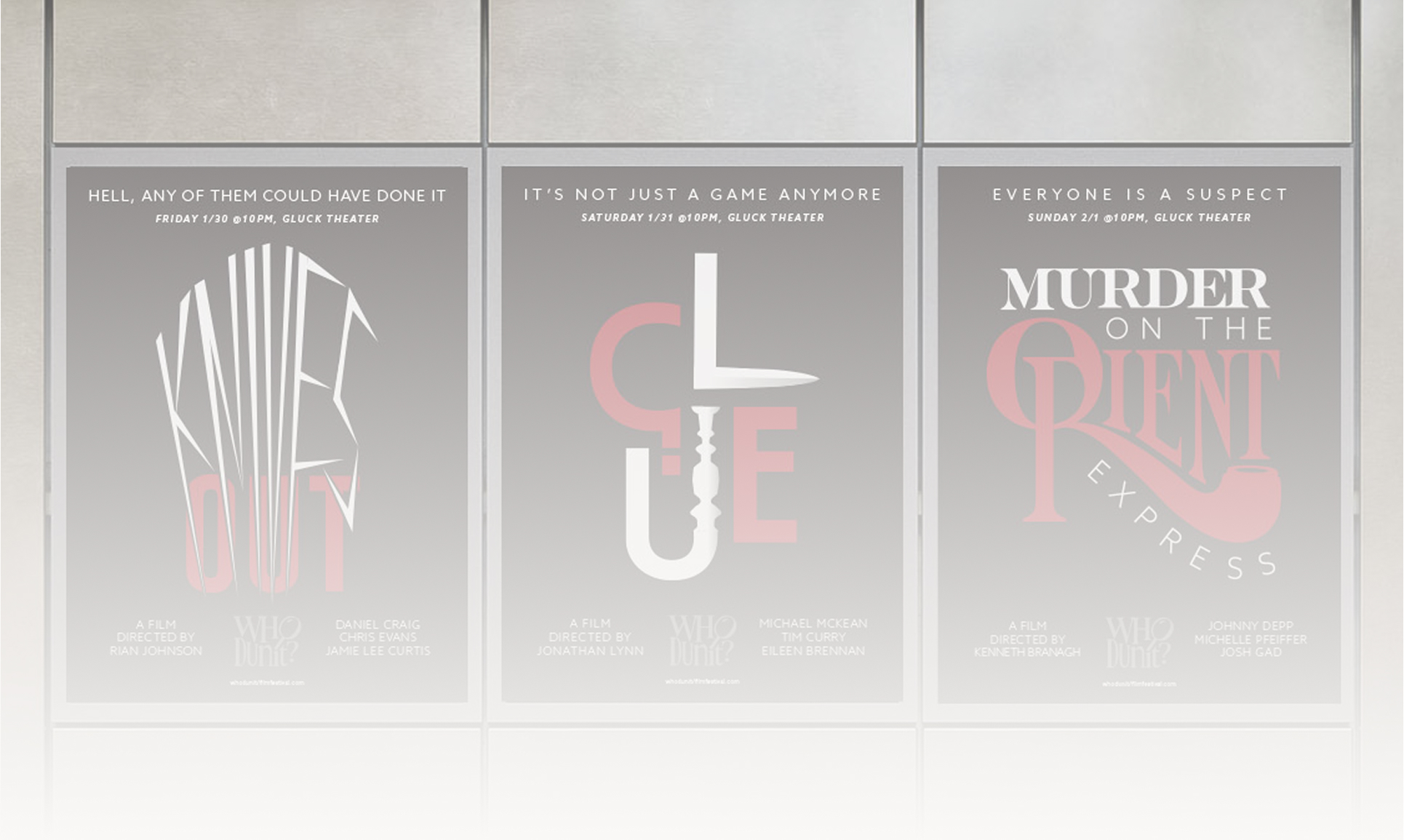three film festival posters on display on the side of a building with a white overlay