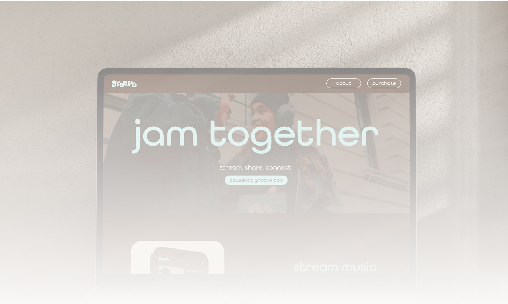 laptop displaying groove website design with a white overlay
